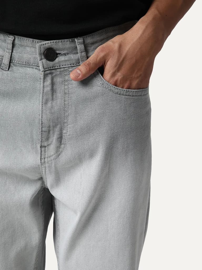 Men's Ice Grey Straight Fit Heavy Washed Faded Denim Jeans Stretchable — photo 6