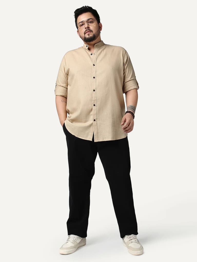 Plus Men's Beige Linen Blend Full Sleeve Relaxed Fit Mandarin Collar Casual Solid Shirt — photo 4