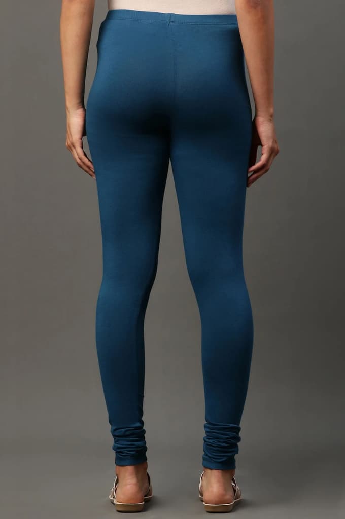 Blue Solid Skinny Fit Cotton Tights With Elasticated Waistband — photo 3