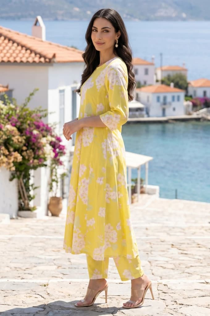 Yellow Floral Printed Cotton Flax Flared Kurta — photo 4