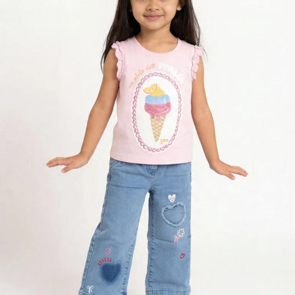 HOP Kids Girls Light Blue Floral Design Wide Leg Jeans
