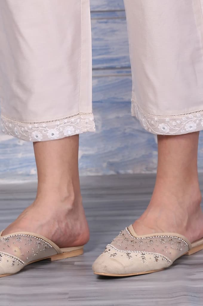 Cream Mirror Work Embroidered Chanderi Flared Kurta, Pants and Dupatta Set — photo 9