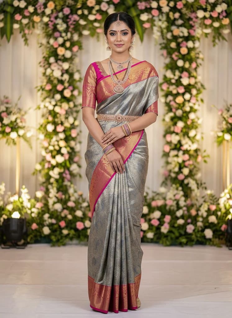 MIMOSA Women's Woven Design Kanjivaram Style Art Silk Saree with Blouse Piece - Navy Blue (SA00002476NVFREE) — Default Title