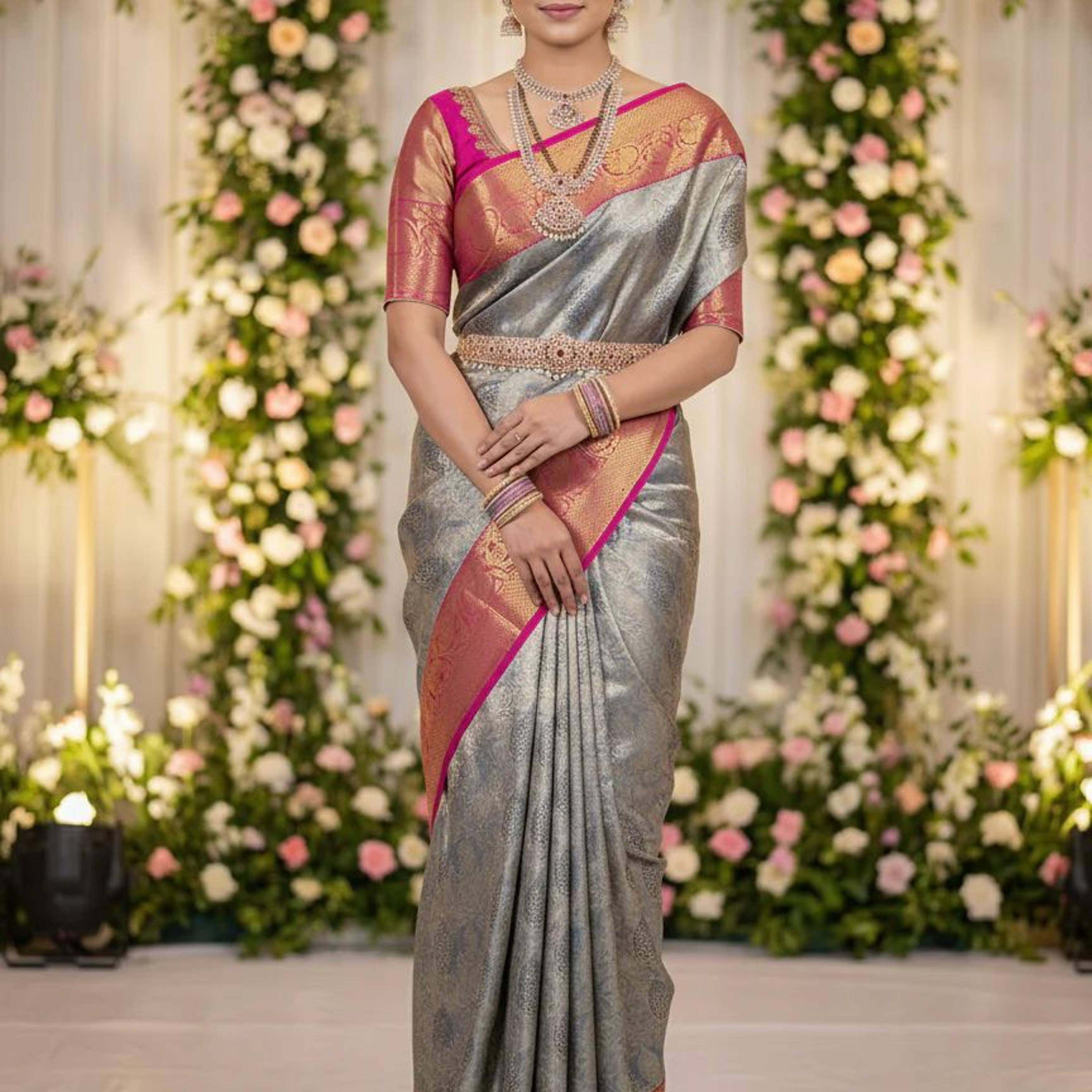 MIMOSA Women's Woven Design Kanjivaram Style Art Silk Saree with Blouse Piece - Navy Blue (SA00002476NVFREE)