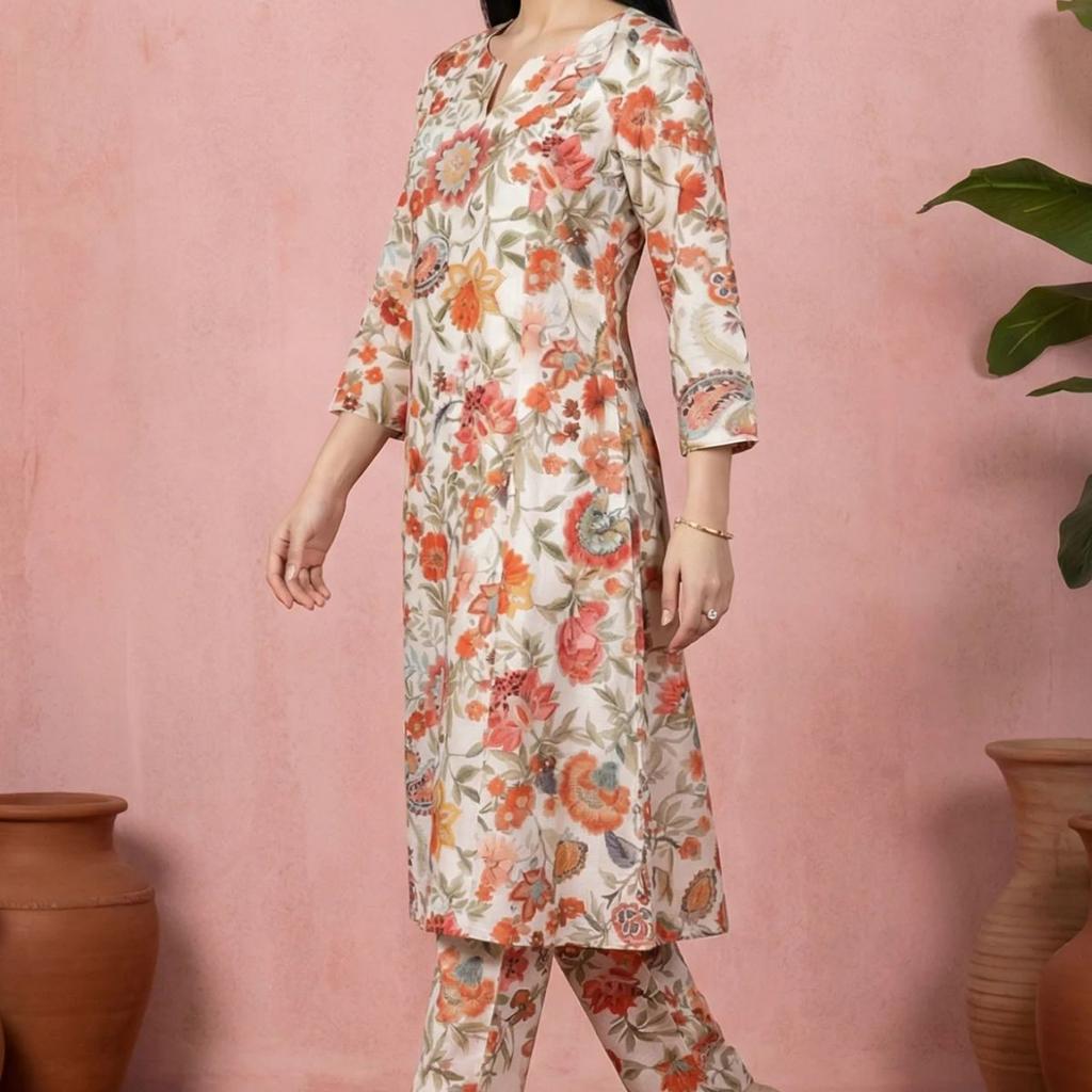 Off White Floral Printed Embroidered A-line Kurta