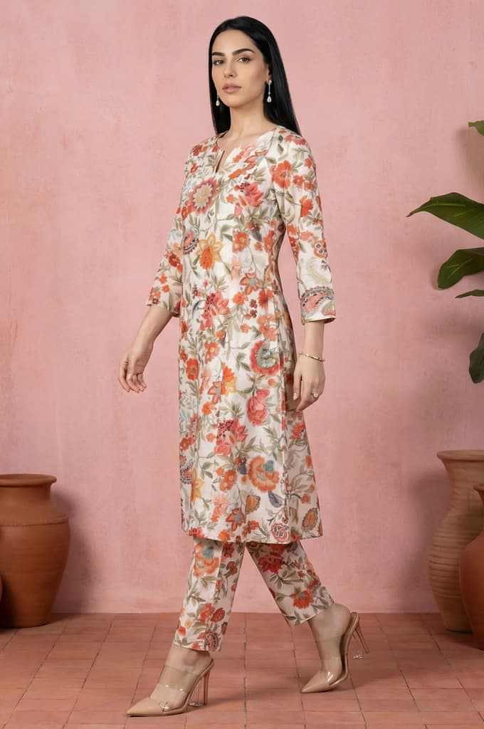 Off White Floral Printed Embroidered A-line Kurta — XS