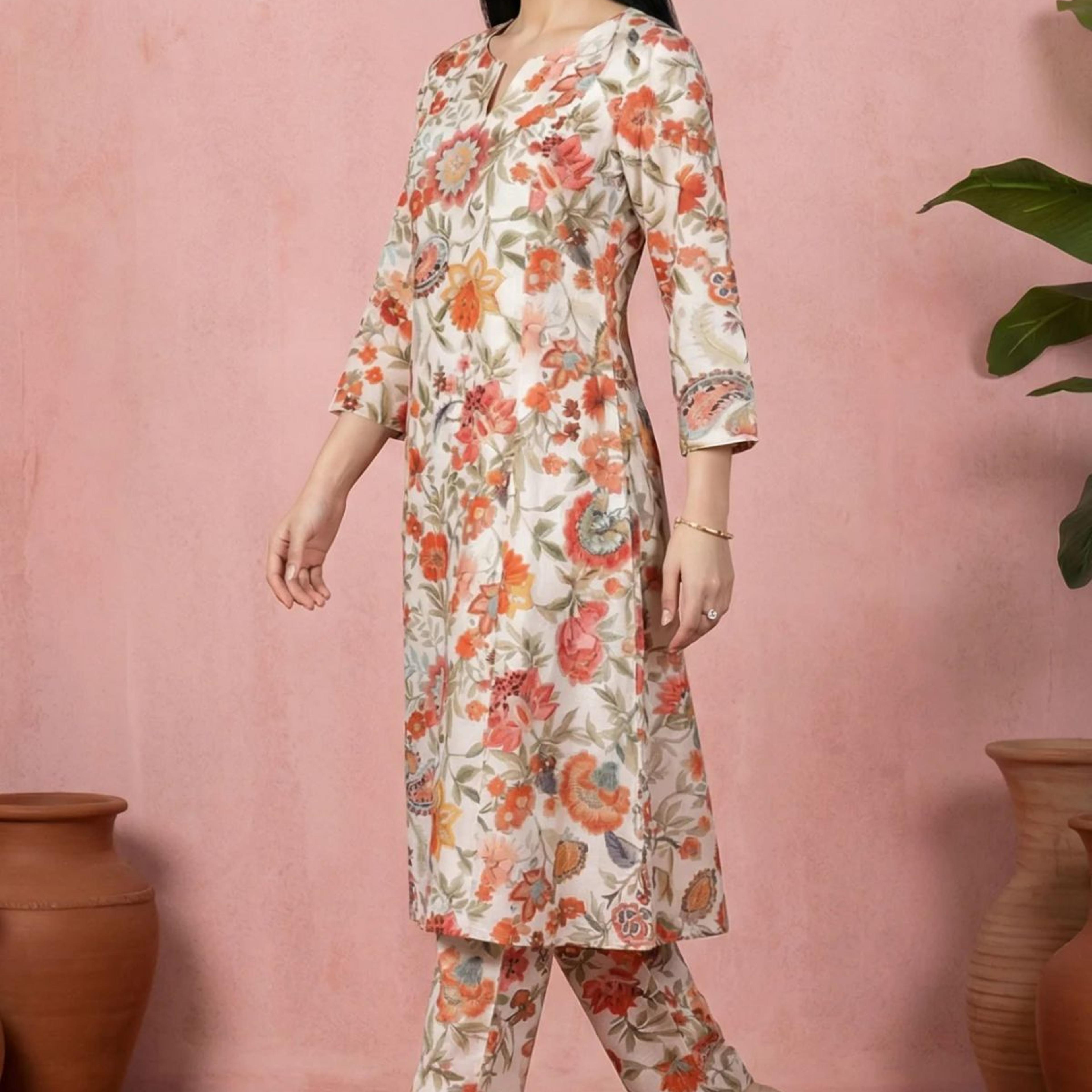 Off White Floral Printed Embroidered A-line Kurta