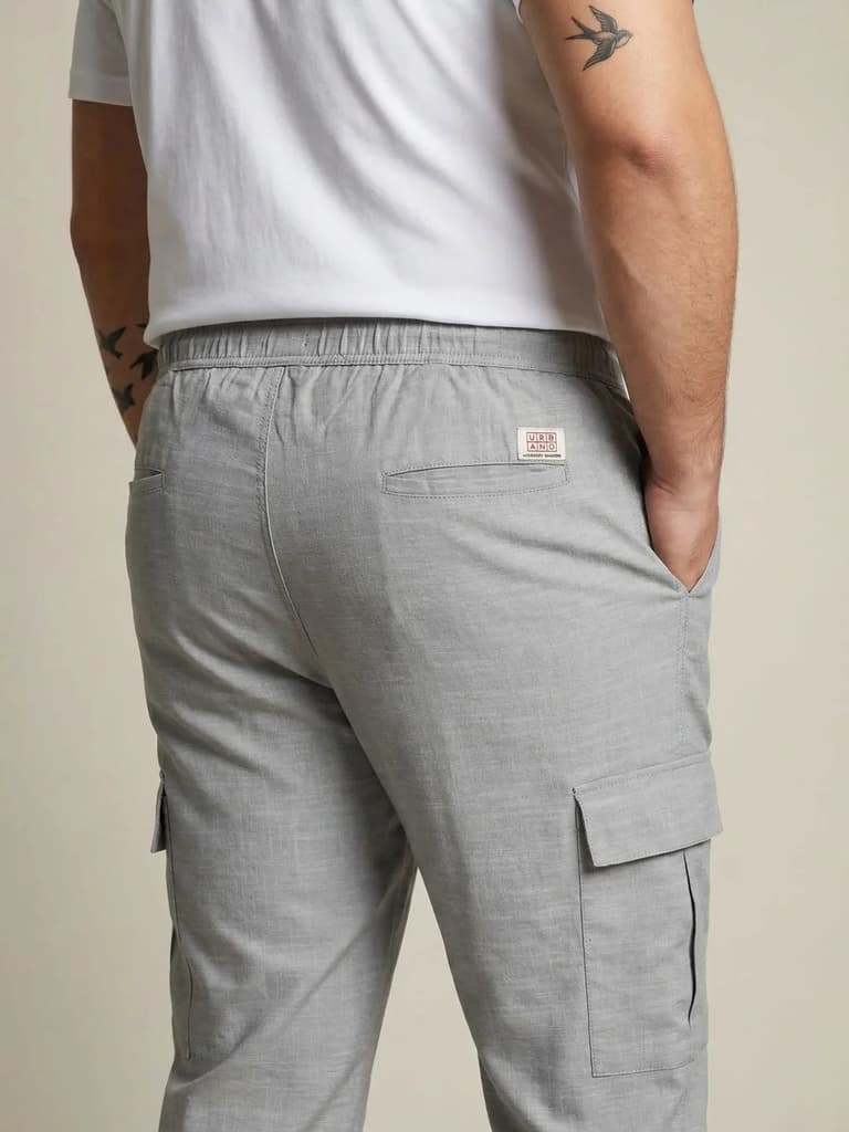 Plus Men's Light Grey Straight Fit Linen Cargo Pants with 6 Pockets — photo 5