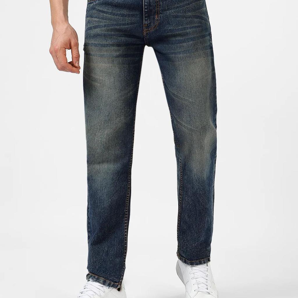 Men's Dark Blue Regular Fit Washed Jeans Stretchable