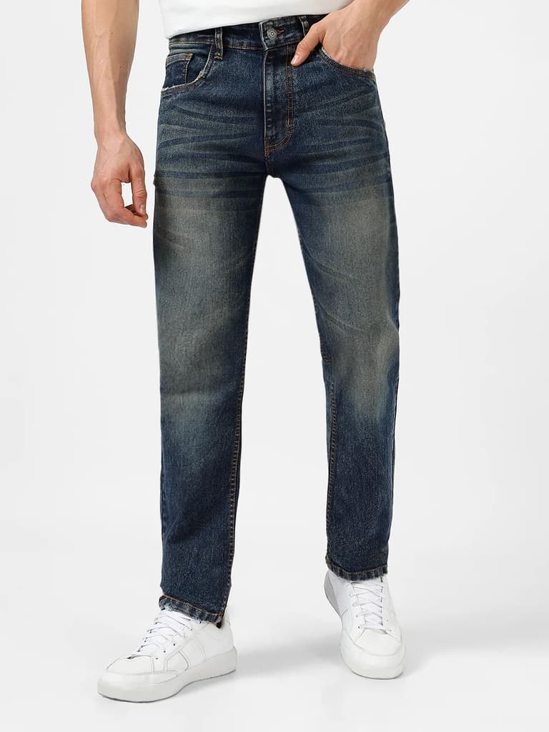 Men's Dark Blue Regular Fit Washed Jeans Stretchable — 28 / Dark Blue