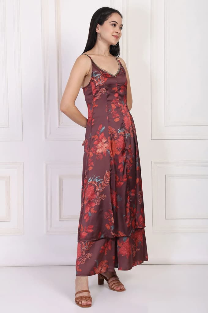 Maroon Floral Printed Sequined A-Line Satin Kurta with Flared Pant and Dupatta Set — photo 6