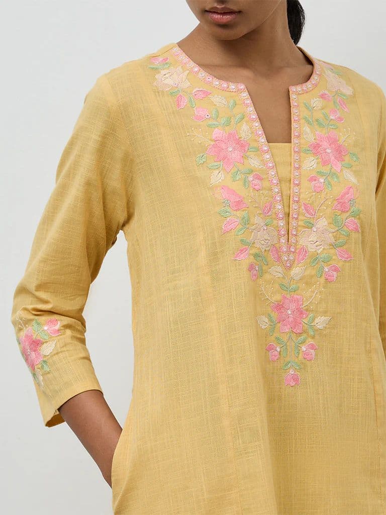 Utsa Mustard Floral Embroidered A-Line Cotton Kurta — photo 3