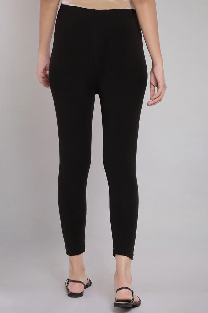 Black Solid Skinny Fit Cotton Tights With Elasticated Waistband — photo 2