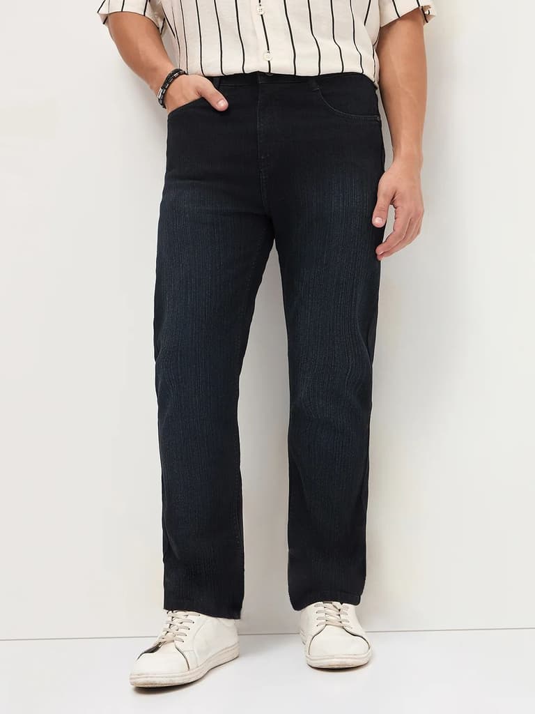 Men's Black Straight Fit Washed Denim Jeans Stretchable — photo 2