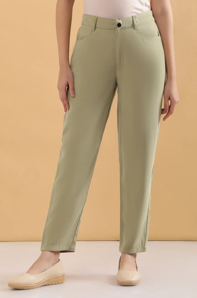 Green Solid Straight Fit Woven Pants With Belt Loops — photo 2