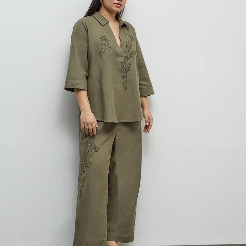 Gia Olive Floral Embroidered High-Rise Trousers