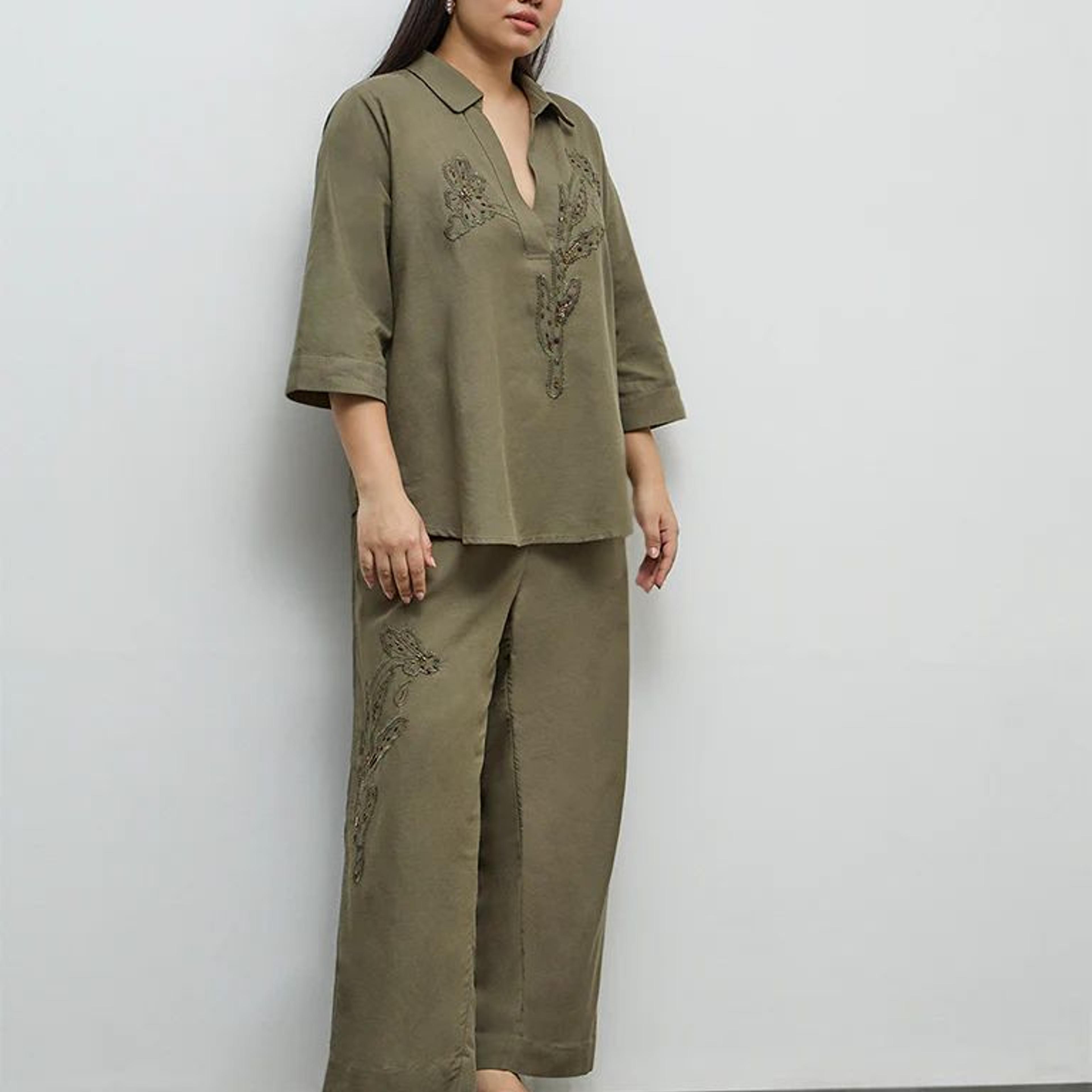 Gia Olive Floral Embroidered High-Rise Trousers