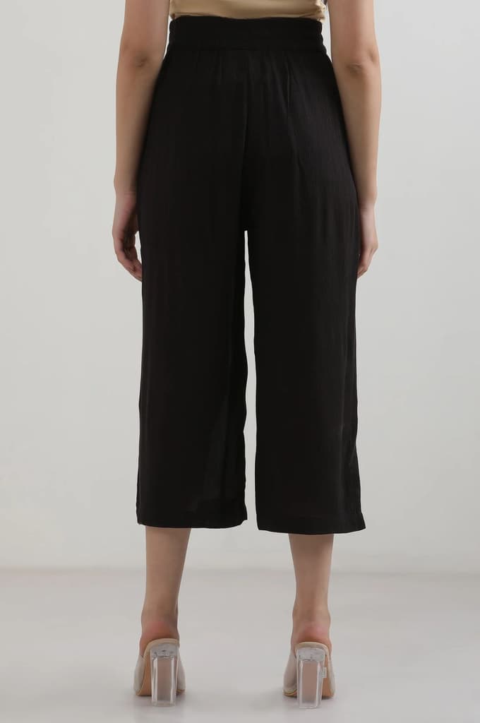 Black Solid Flared Rayon Culottes With Elasticated Waist — photo 4