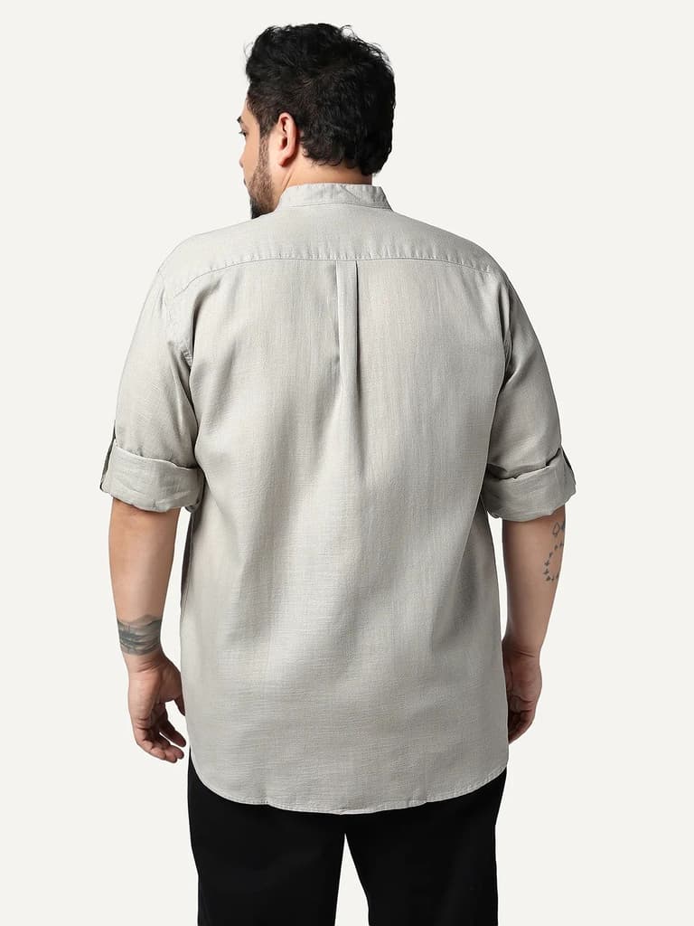 Plus Men's Grey Linen Blend Full Sleeve Relaxed Fit Mandarin Collar Casual Solid Shirt — photo 3