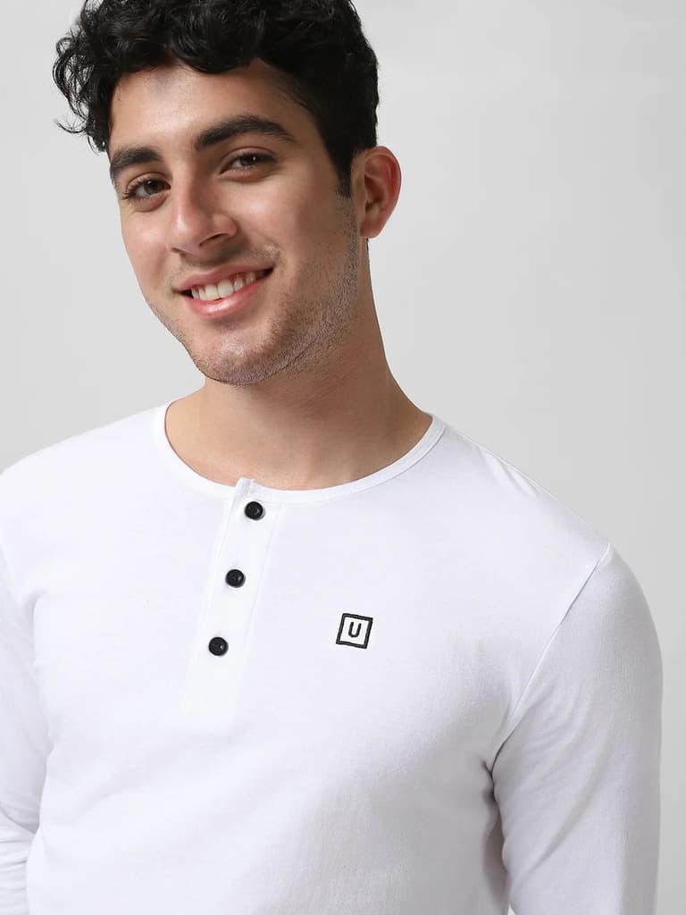 Men's White Solid Henley Neck Slim Fit Cotton T-Shirt — photo 5