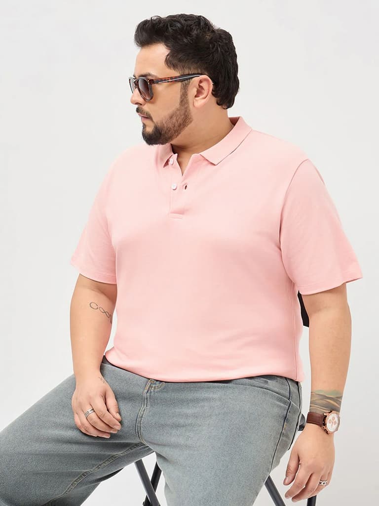 Plus Men's Dusty Pink Solid Regular Fit Half Sleeve Cotton Polo T-Shirt — 2XL / Dusty Pink