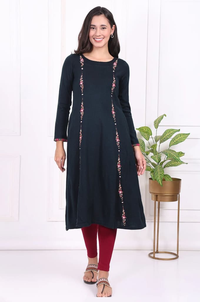 Navy Blue Thread Embroidered Acrylic Flared A-line Kurta — photo 2