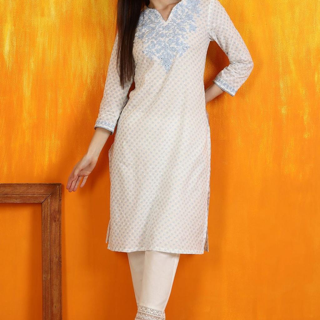 White Embroidered Cotton Swiss Dot Straight Kurta