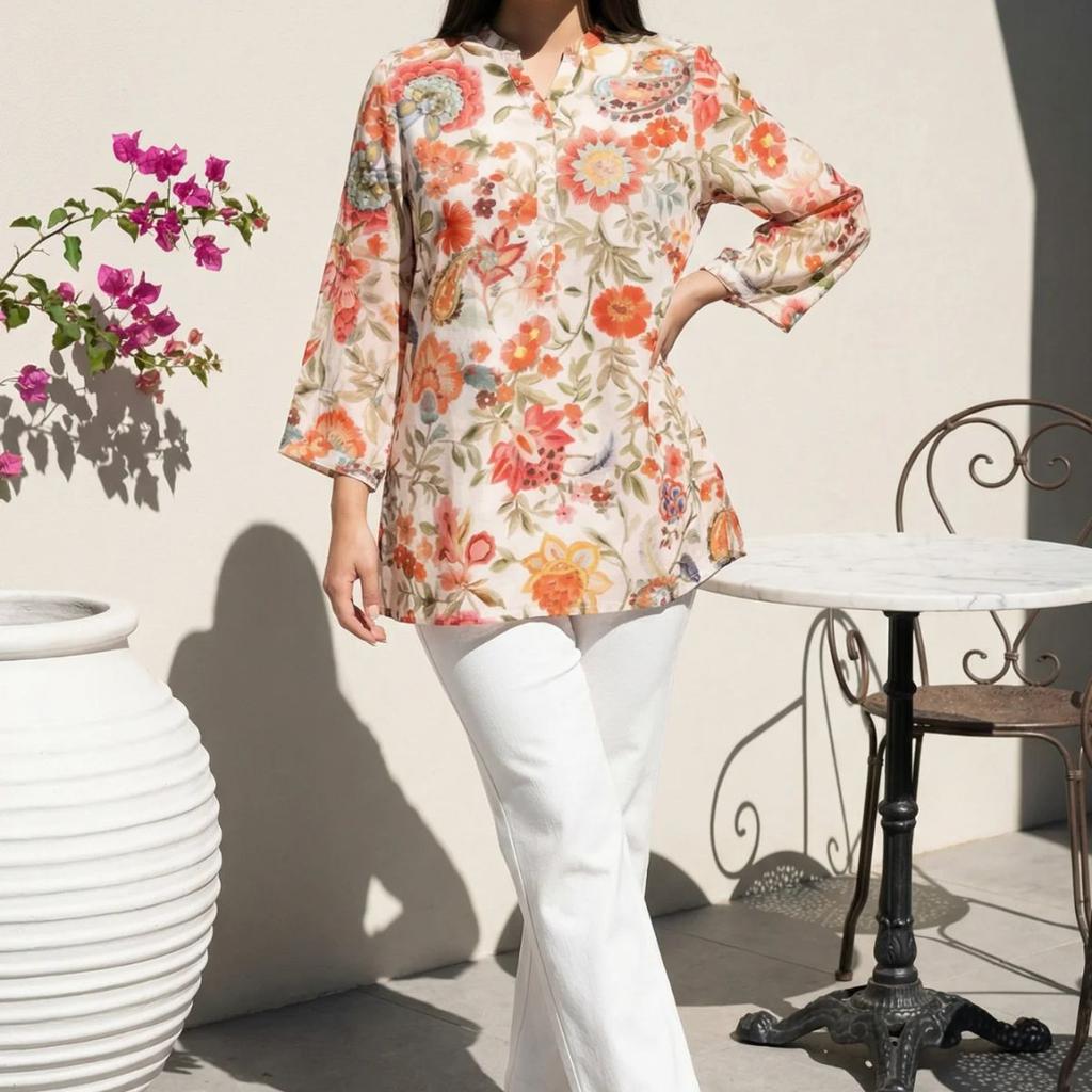 Beige Floral Printed Straight Top