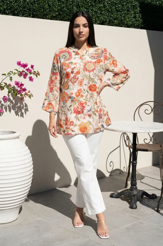 Beige Floral Printed Straight Top — XS