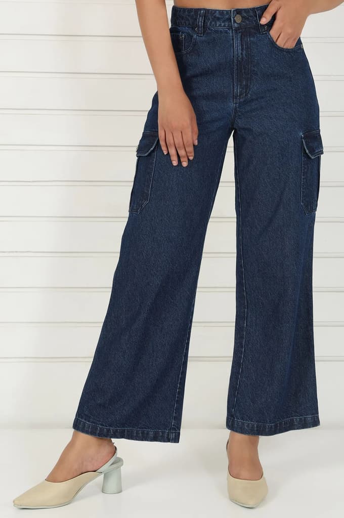 Blue Denim Mid Rise Ankle Length Flared Pants with YKK Zipper — photo 2