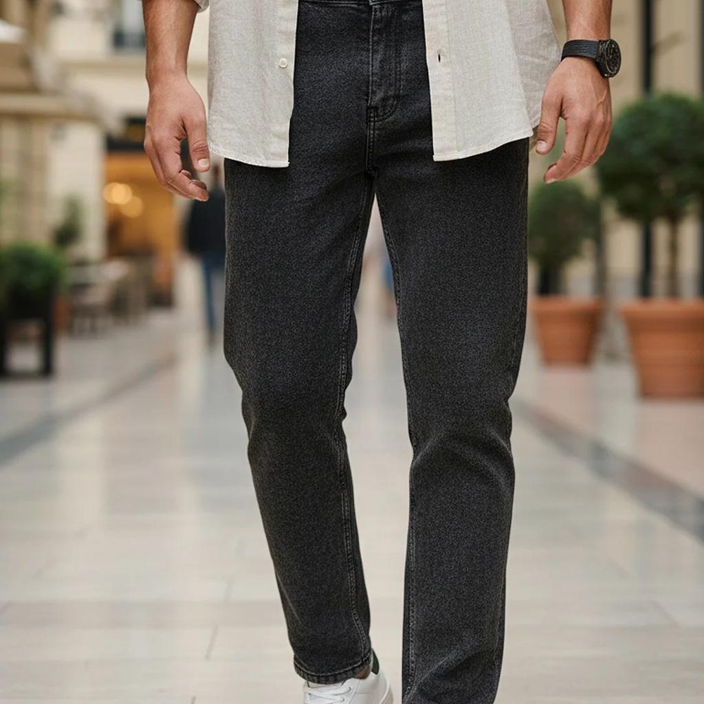 Men's Black Regular Fit Towel Washed Yellow Tint Denim Jeans Stretchable