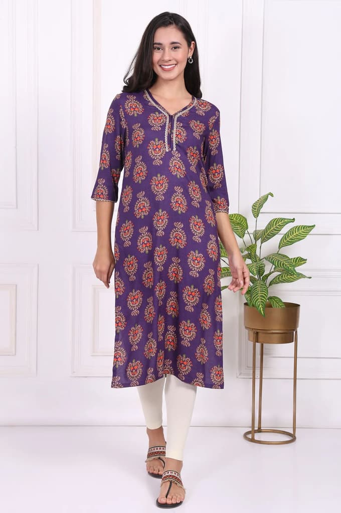 Purple Floral Printed Lace Rayon Straight Kurta — photo 2