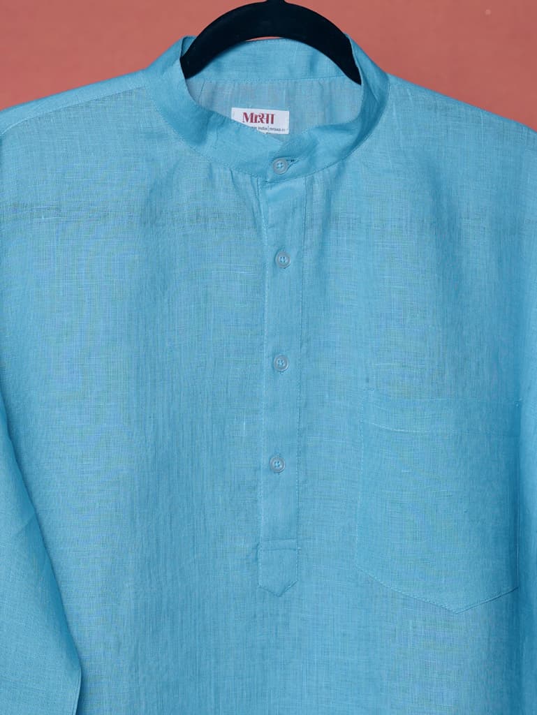 आसमानी (Aasmani) - Men Light Blue Premium Linen Short Kurta — photo 10