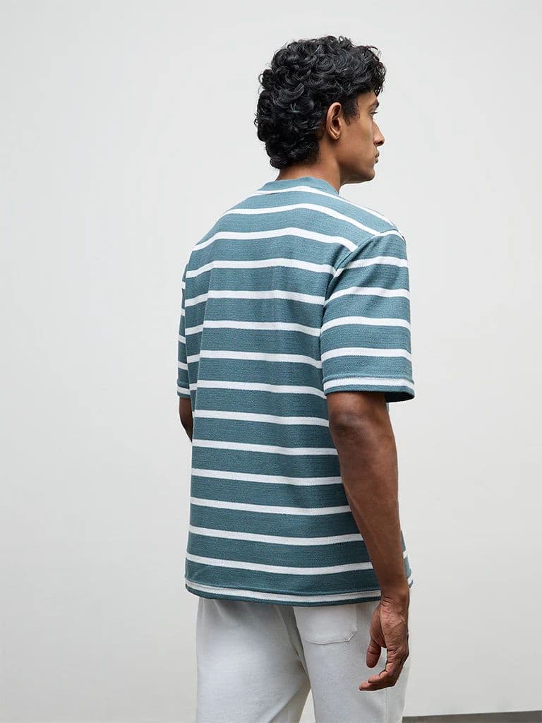 WES Lounge Teal Striped Relaxed-Fit Cotton T-Shirt — photo 4
