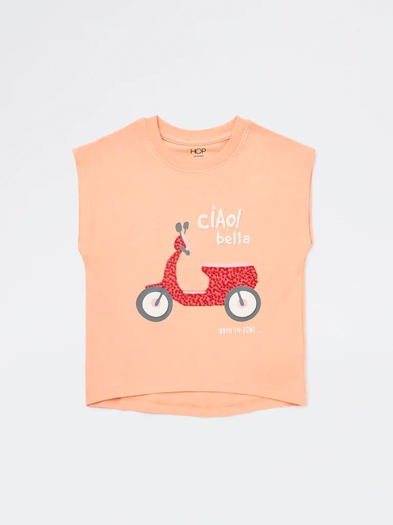 HOP Kids Girls Coral Graphic Design Cotton T-Shirt — photo 4