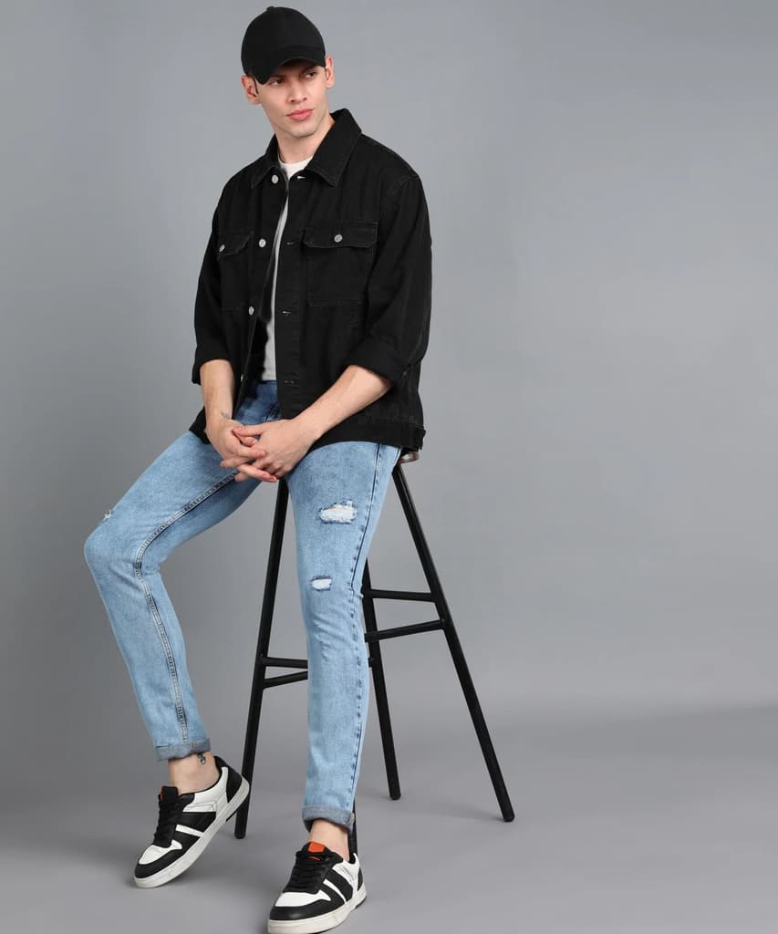 Men's Sky Blue Slim Fit Washed Mild Distressed/Torn Jeans Stretchable — photo 5