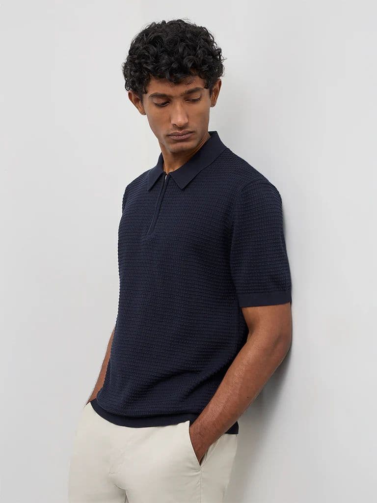 Ascot Navy Knit-Textured Relaxed-Fit Cotton T-Shirt — photo 3