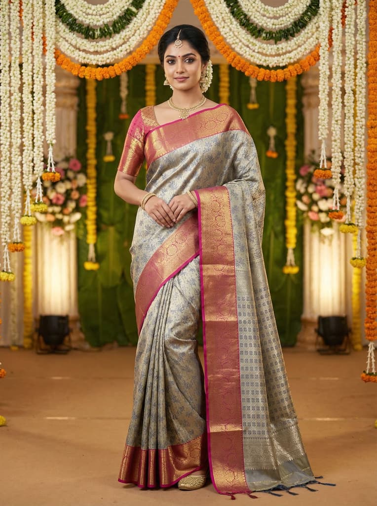 MIMOSA Women's Woven Design Kanjivaram Style Art Silk Saree with Blouse Piece - Navy Blue (SA00002477NVFREE) — photo 3