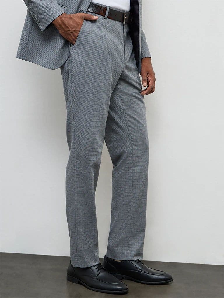 WES Formals Grey Checkered Relaxed-Fit Mid-Rise Trousers — photo 2