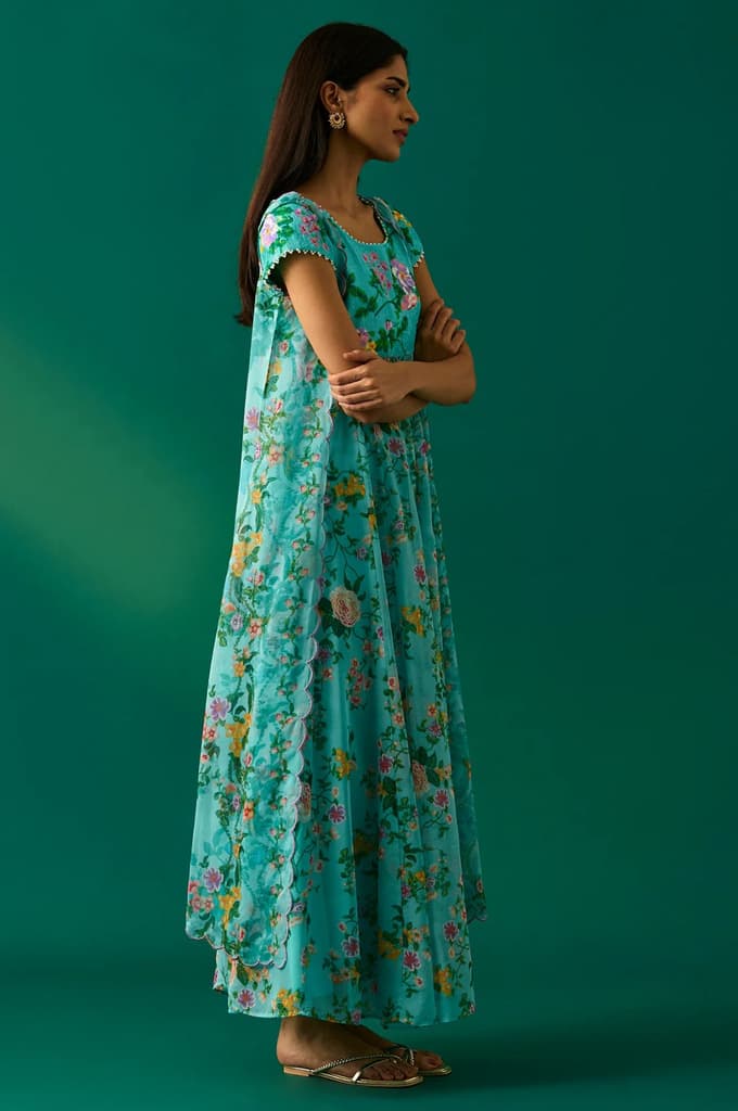 Aqua Blue Embroidered Sequined Flared Georgette Dress with Gillet Set — photo 5