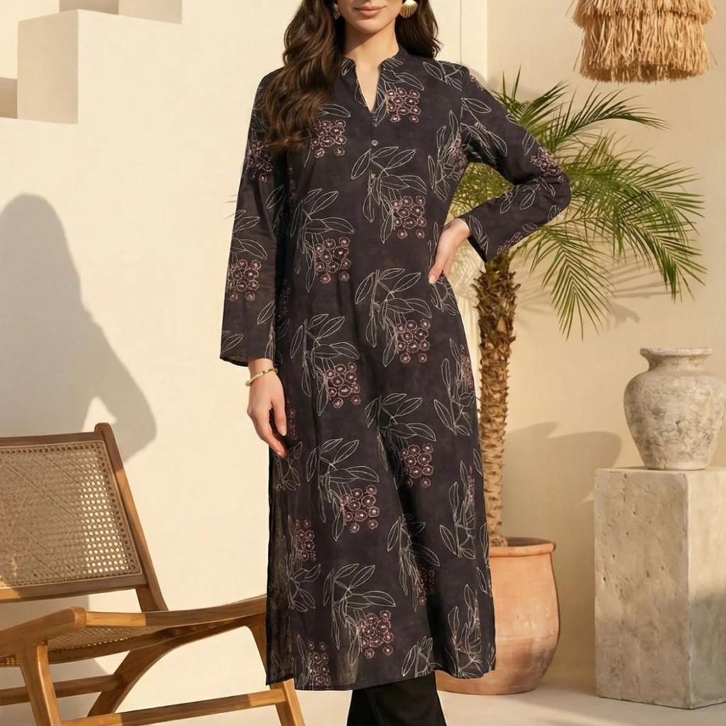 Black Floral Printed Rayon Straight Kurta