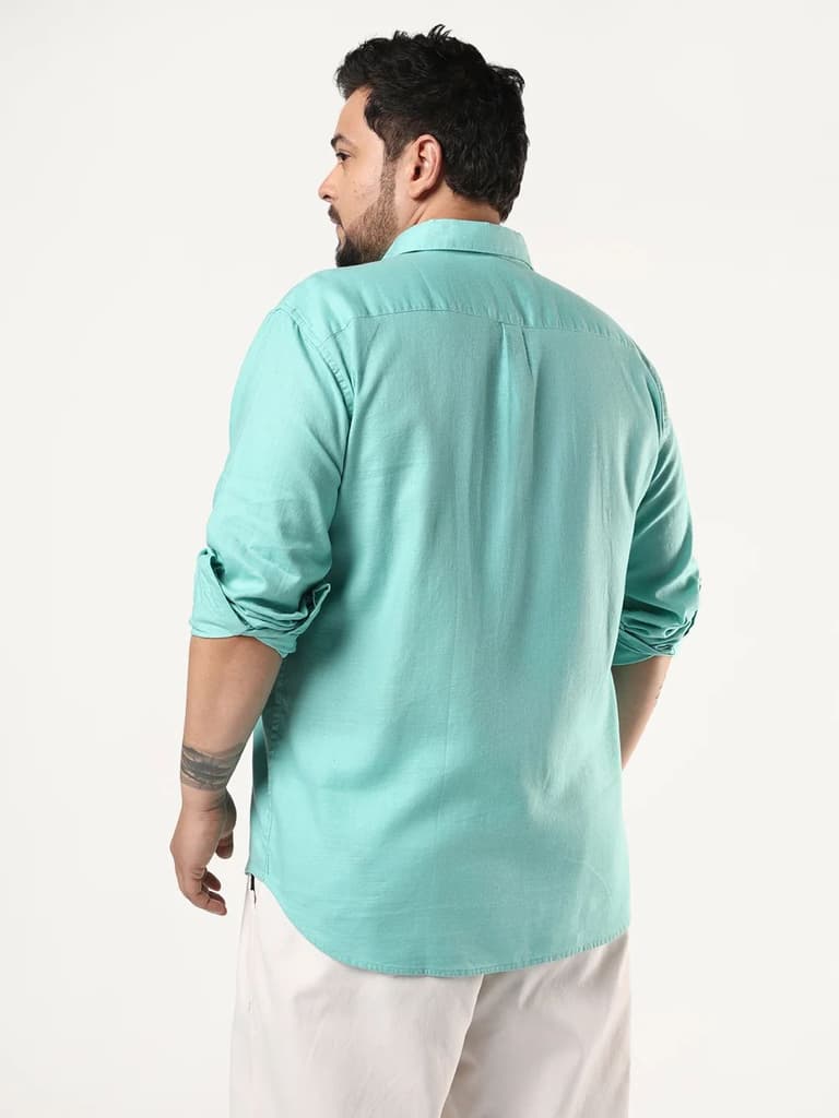Plus Men's Light Teal Linen Blend Full Sleeve Relaxed Fit Casual Solid Shirt — photo 3