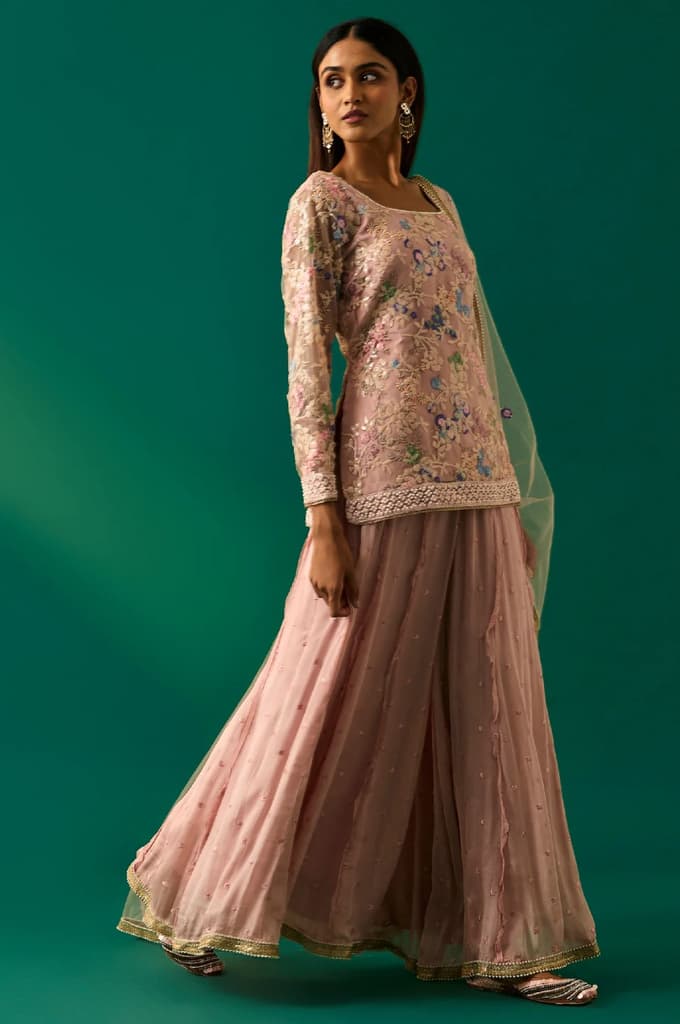 Pink Floral Embroidered Straight Kurta with Culotte and Dupatta Set — photo 5