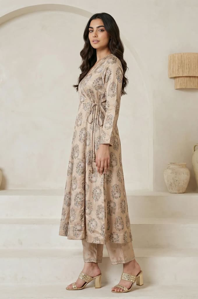 Beige Floral Printed Satin A-line Kurta with Parallel Pants and Dupatta Set — photo 3