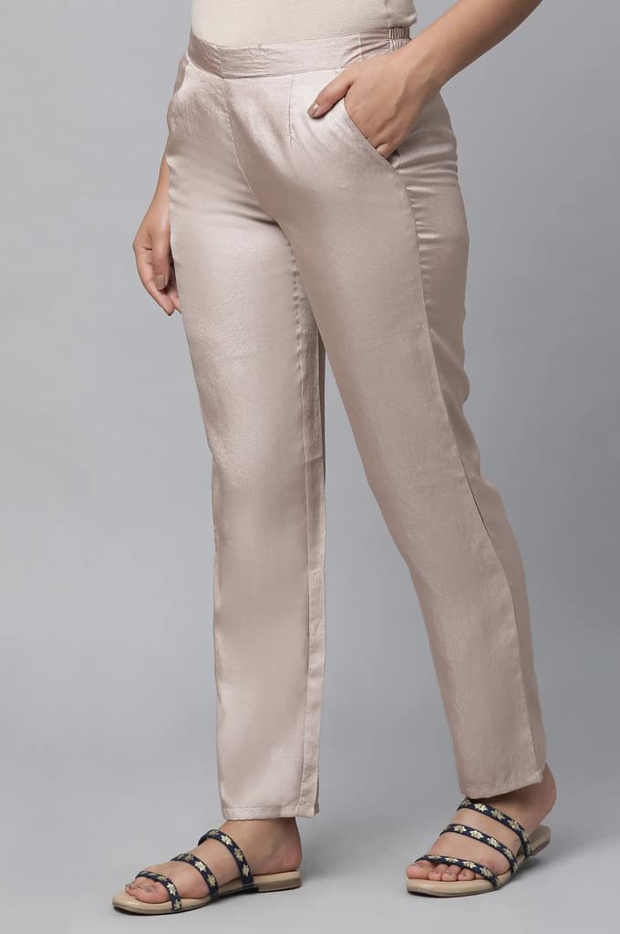 Gold Solid Straight Fit Satin Pants With Elasticated Waist — photo 3