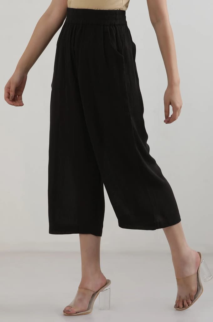 Black Solid Flared Rayon Culottes With Elasticated Waist — photo 3