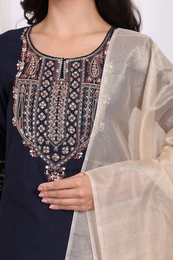 Navy Blue Embroidered Straight Kurta and Pants Set with Dupatta — photo 3