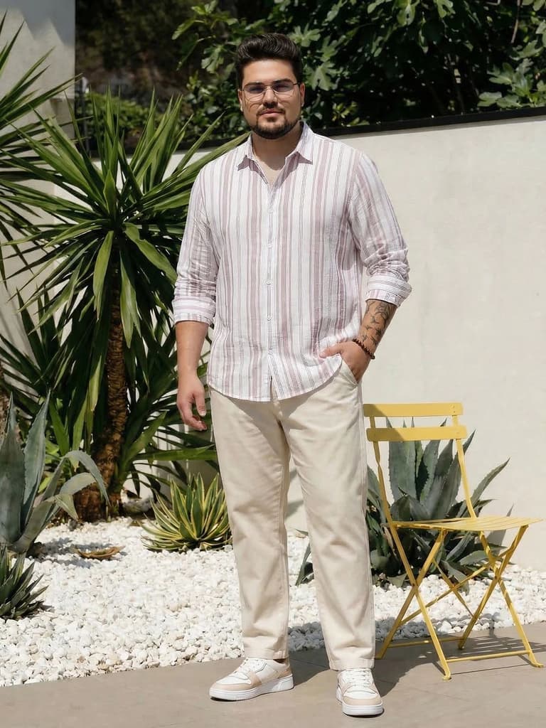 Plus Men's Lilac Cotton Full Sleeve Relaxed Fit Linen Striped Shirt with Spread Collar — photo 4