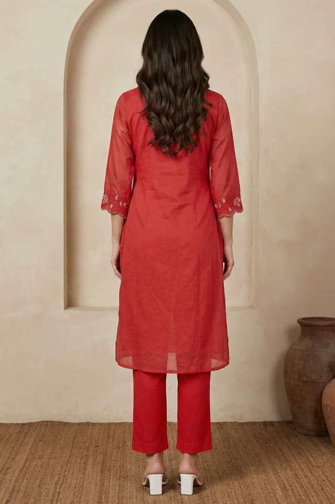 Red Thread Embroidered Straight Chanderi Kurta — photo 5