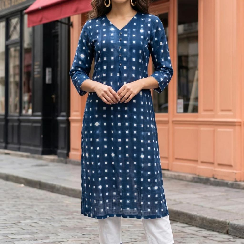 Blue Geometric Printed Pure Cotton Straight Kurta